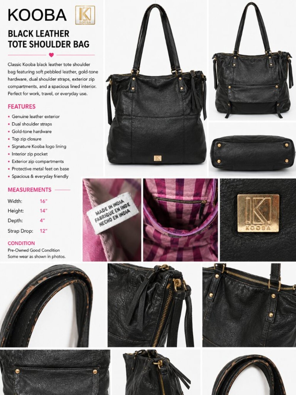 Kooba Black Leather Tote Shoulder Bag Large Gold Hardware Purse